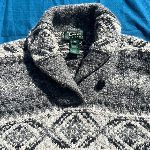 Lauren Ralph Lauren exclusive hand knit wool shawl collar sweater grey/white M - Picture 3 of 6